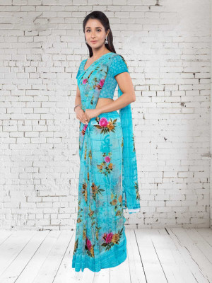 Classy Foriever Printed Daily Wear Cotton Blend Saree(Light Blue)