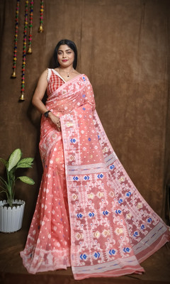M STORE Printed Jamdani Cotton Silk Saree(Orange)
