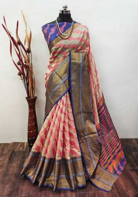 VAKHARIYAFAB Woven, Self Design Kanjivaram Organza, Pure Silk Saree(Pink, White)
