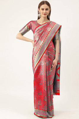 manvaa Self Design Banarasi Silk Blend Saree(Red)