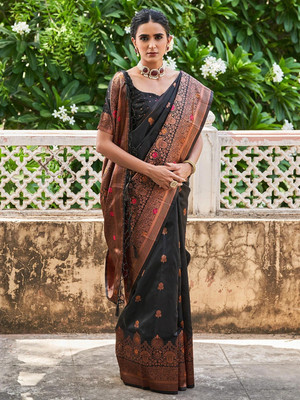 Janasya Woven Banarasi Silk Blend Saree(Black)