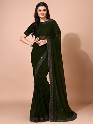 Leelavati Embellished Bollywood Chiffon Saree(Dark Green)