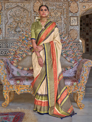 ANOUK Printed Chinnalapattu Silk Blend Saree(Cream)