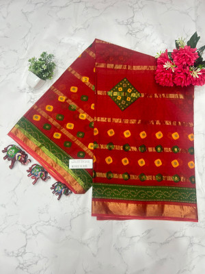 KRISHNA NX Printed Bandhani Pure Cotton Saree(Red)