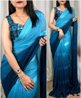BHIKS RR Solid/Plain, Dyed Bollywood Georgette, Art Silk Saree(Blue)