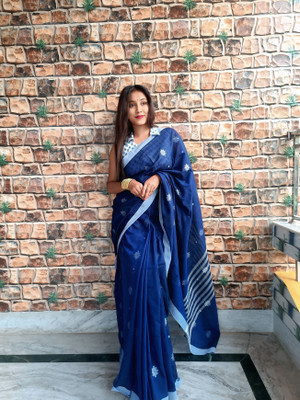 PRANATI ENTERPRISE Self Design Handloom Cotton Silk Saree(Dark Blue)