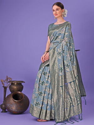 Tasrika Woven Kanjivaram Cotton Silk Saree(Grey)