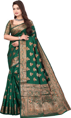 BHADRAVATI Self Design Banarasi Jacquard Saree(Dark Green)