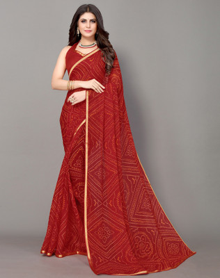 SIRIL Printed Bandhani Chiffon Saree(Red, Gold)