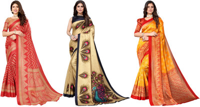 ANIRAV Printed Kasavu Art Silk Saree(Pack of 3, Red, Gold, Yellow)