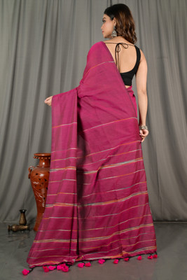BongAp Embellished Handloom Cotton Blend Saree(Green)
