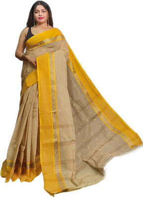 SABITA CUSTOMERY Woven, Color Block Tant Pure Cotton Saree(Brown, Yellow)