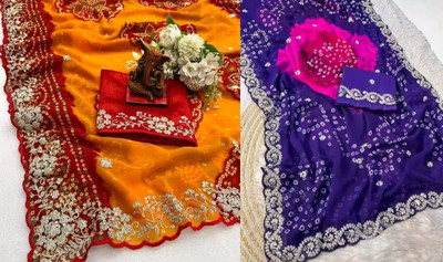 VedikaaFashion Tie-Dye, Embroidered Bandhani Georgette Saree(Pack of 2, Yellow, Purple)