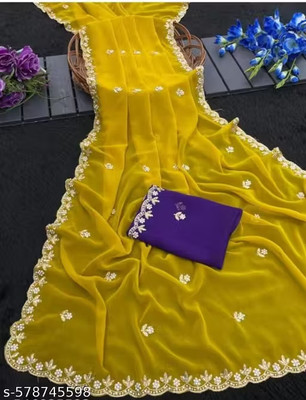 HouseOfCommon Embellished, Solid/Plain Bollywood Chiffon, Pure Silk Saree(Yellow)