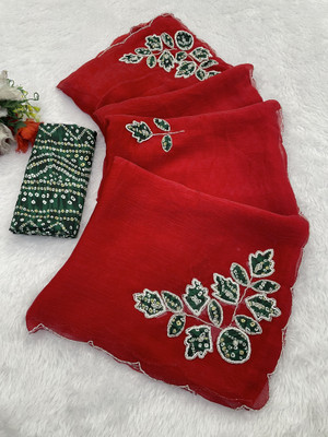 BELLETRENDZ Embroidered Bollywood Chiffon Saree(Red)