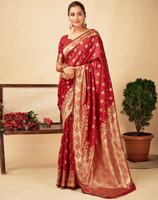 SATQ Woven, Floral Print, Self Design Banarasi Jacquard Saree(Red)