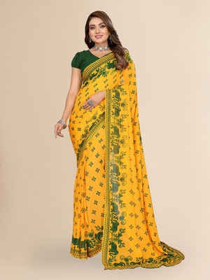 kashvi sarees Printed Daily Wear Georgette Saree(Yellow, Green)