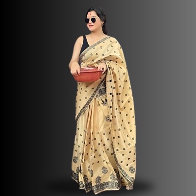 kamdar Woven, Floral Print Mekhela Chador Polyester, Silk Blend Saree(Beige)