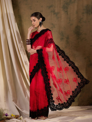 Sangria Embroidered Kalamkari Net Saree(Red)
