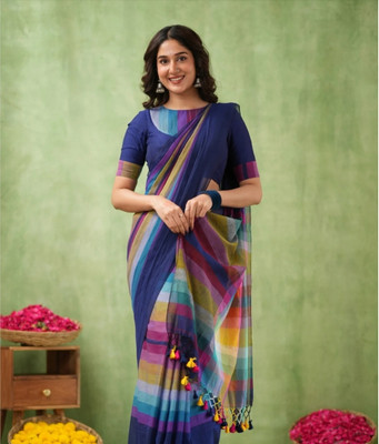 SMRITI BOUTIQUE Solid/Plain Handloom Handloom Pure Cotton Saree(Blue, Multicolor)