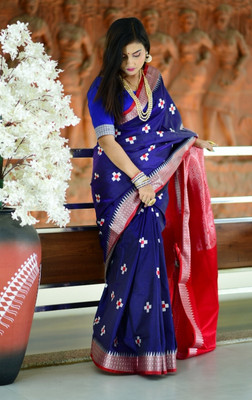 ZIMAL HANDLOOM Embroidered Sambalpuri Satin Saree(Dark Blue)