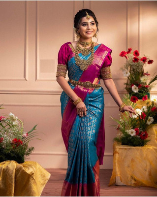 PHEASANT Self Design, Woven Kanjivaram Jacquard, Art Silk Saree(Blue, Pink)