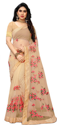MYSTERY BOX Embroidered Bollywood Net Saree(Cream)