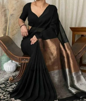 PREOSY Self Design Bollywood Cotton Blend Saree(Black)