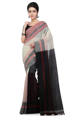 crochetin Woven Handloom Handloom Pure Cotton Saree(Red, Black, Cream)