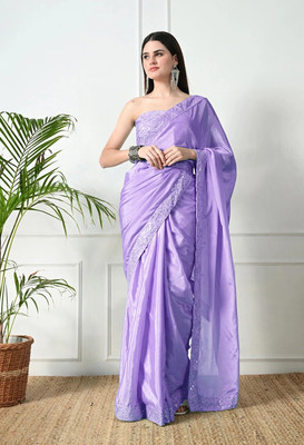 Pionex Solid/Plain Bollywood Chiffon, Silk Blend Saree(Purple)