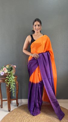 Sindharat Fashion Solid/Plain Bollywood Silk Blend Saree(Orange, Purple)