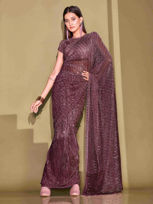 Praveena Designer Striped Bollywood Lycra Blend Saree(Purple)