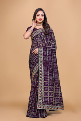 NAKSH CREATION Printed Bandhani Dupion Silk Saree(Purple)