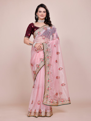 STARWOMEN Embroidered Bollywood Supernet Saree(Pink)
