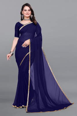 BK COLLECTION Solid/Plain Bollywood Georgette Saree(Dark Blue)