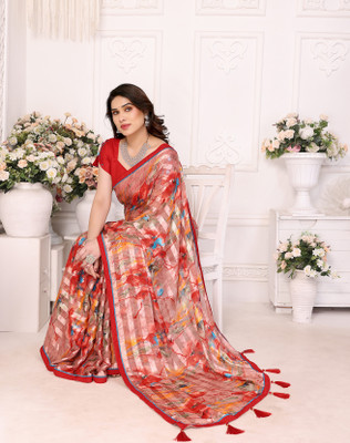 YASHIKA Printed Bollywood Georgette, Lace Saree(Red)