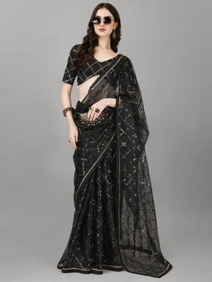 EthnicClick Embroidered, Embellished Bollywood Net Saree(Black)