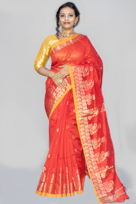 Sandhya Saree Creations Woven Saree with Attached Blouse Art Silk Saree(Red)