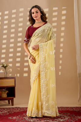 SILKORA Embroidered Bollywood Georgette Saree(Yellow)