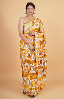 Krishna Creation Printed Hand Batik Pure Cotton Saree(Multicolor)