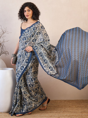 Divastri Printed Bollywood Silk Blend Saree(Cream)