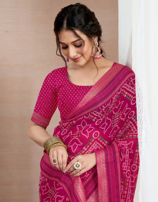 Samah Printed, Embellished Bandhani Chiffon, Georgette Saree(Pink)