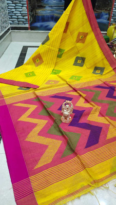 SAHA TEXTILE Self Design Handloom Cotton Blend Saree(Yellow)