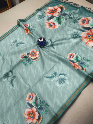 WILLMAKE Printed, Applique, Embellished, Floral Print, Woven Bollywood Cotton Linen Saree(Light Blue)
