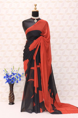 iBrand Printed Bollywood Georgette Saree(Red)