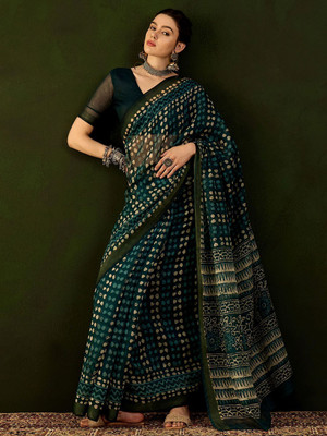 Sangria Printed Daily Wear Cotton Blend Saree(Green)