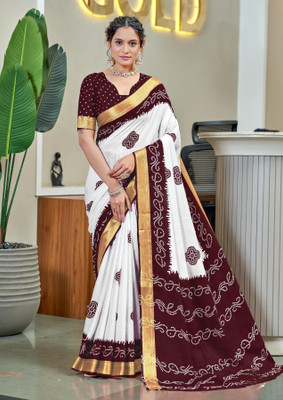 Divastri Blocked Printed, Printed Chanderi Cotton Blend Saree(White, Maroon)