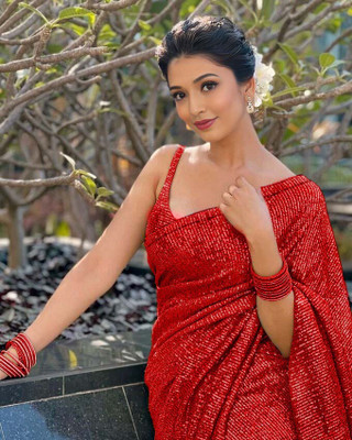 kamaldesigner Embroidered, Embellished Bollywood Georgette Saree(Red)
