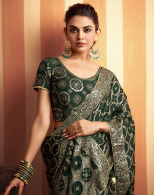 Samah Woven, Embellished Banarasi Cotton Silk Saree(Dark Green, Gold)