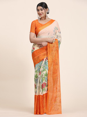 rujave Digital Print Assam Silk Chiffon Saree(Orange)
